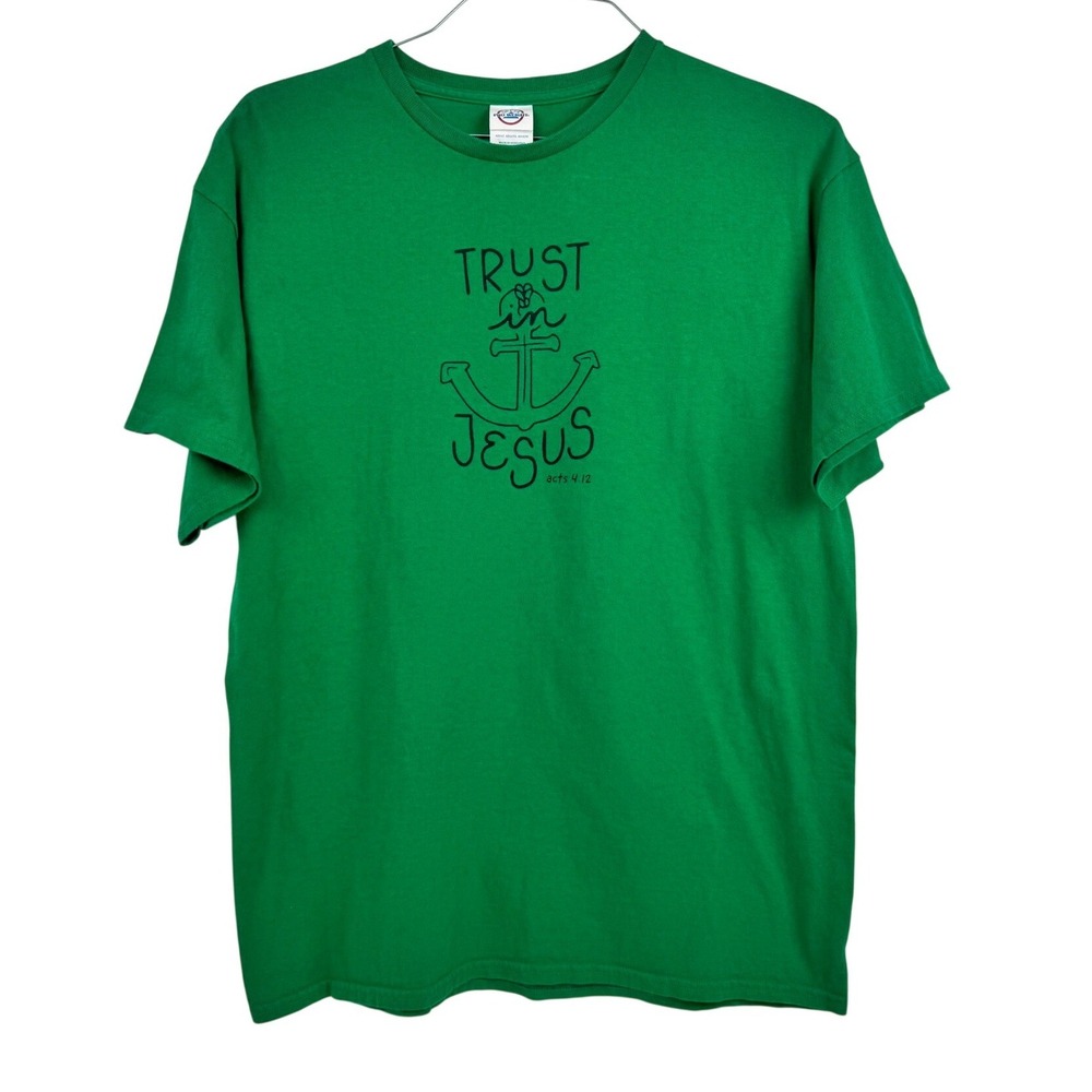 Delta Pro Weight Men's Green Trust In Jesus Anchor Graphic T-Shirt Size Large